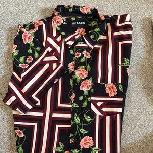 Reason Black and Red Casual Button Down Shirt with Bold Floral Design
